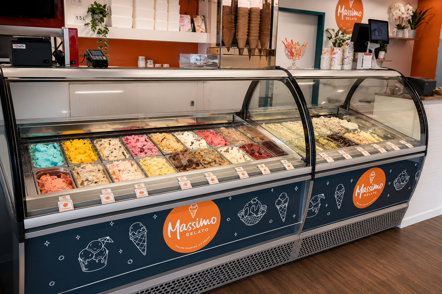 Eisvitrine mit hausgemachtem Gelato bei Massimo in Unterwaltersdorf